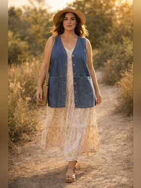 Cabin Creek Denim Vest Button Front Plus Size 2X Sleeveless Layering Top Pockets